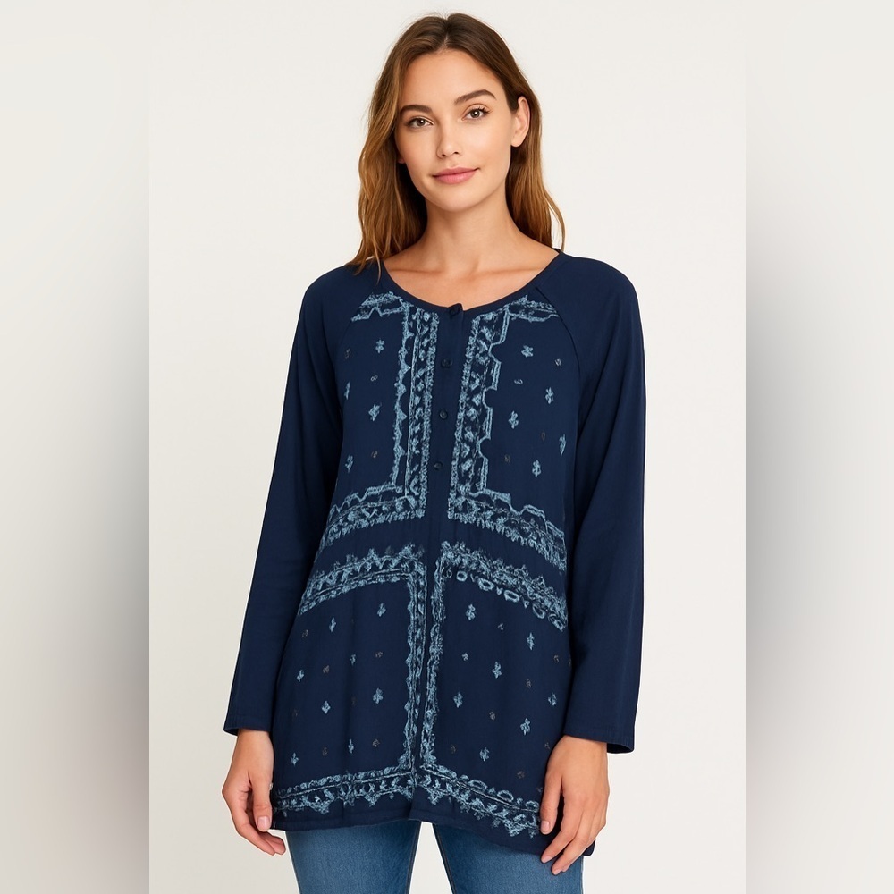 Johnny Was Blue Floral Embroidered Long Sleeve Tunic Blouse - Size Small